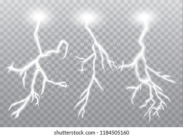 Realistic vector lightning on checkered background. Bright, electric lightning.