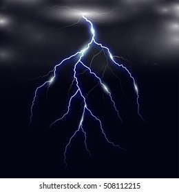 Realistic vector lightning  on checkered background. Bright, electric lightning.