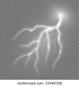 Realistic Vector Lightning  On Checkered Background. Bright, Electric Lightning.