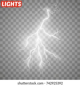 Realistic vector lightning on checkered background. Bright, electric lightning.