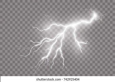 Realistic vector lightning on checkered background. Bright, electric lightning.