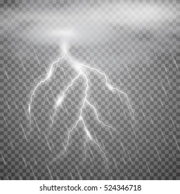 Realistic vector lightning  with rain, cloud on checkered background. Bright, electric lightning.