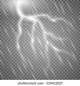 Realistic vector lightning  with rain on checkered background. Bright, electric lightning