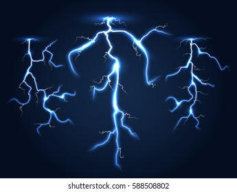 Realistic vector lightnings set dark night sky