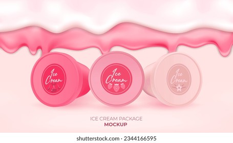 Realistic vector liquid flow background of the pink frozen cream container. 3D yogurt dessert in jar. Dairy product packaging mockup with branding