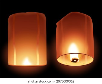 Realistic vector lit up floating lantern isolated on dark background