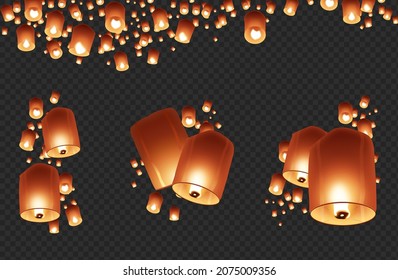 Realistic vector lit up floating lanterns isolated on transparent background for graphic design