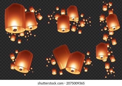 Realistic vector lit up floating lanterns isolated on transparent background for decorating artwork
