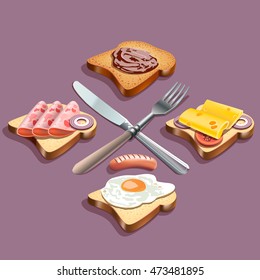 realistic vector logo of sandwich with cheese, ham, egg with sausage and toast with chocolate
