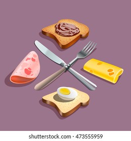 Realistic Vector Logo Of Toast With Chocolate Paste And Sandwich With Cheese, Ham And Egg