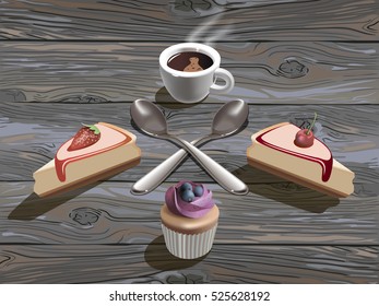 realistic vector logotype of cheesecake, muffin and teaspoon on wooden table 