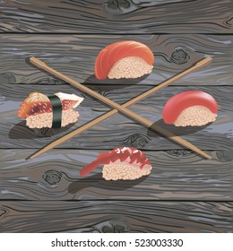 realistic vector logotype of sushi on wooden table
