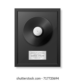 Realistic vector LP and label in glossy black frame icon closeup isolated on white background. Single album disc award. Design template. Stock vector mockup. EPS10.