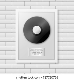 Realistic vector LP and label in glossy white frame icon closeup on white brick wall background. Single album disc award. Design template. Stock vector mockup. EPS10.