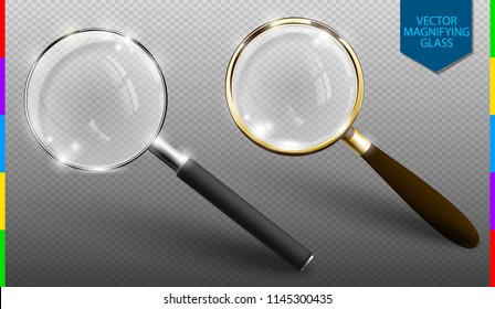 Realistic vector magnifying glass set on transparent background. Isolated icon of retro and modern lupe.