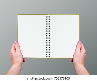 Realistic vector man's hands hodling blank open notebook isolated on grey background