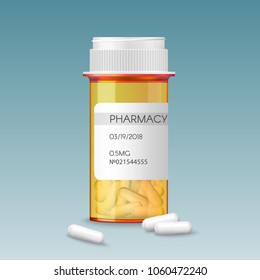 Realistic vector medical orange pills bottle with a blank label prescription medicine tablets. Ads template mockup banner