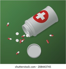Realistic vector of medicine white plastic bottle with tablets and pills