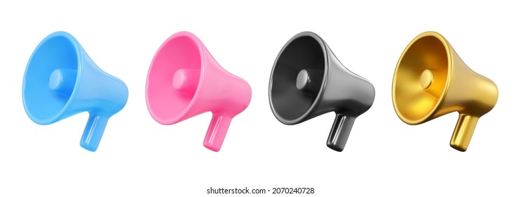 Realistic vector megaphone set. Minimal blue, pink, black and golden loudspeaker