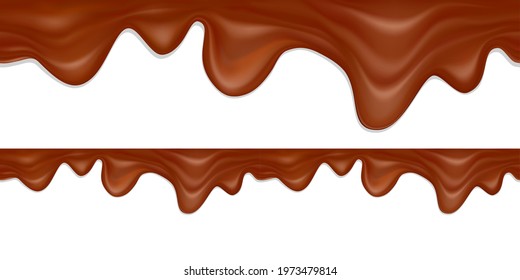 Realistic vector melted chocolate seamless horizontal border. Flowing liquid chocolate.