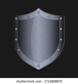 Realistic Vector Metal Shield, European Medieval Knight Equipment. Shield Ancient, Isolated Armor On Dark Background.