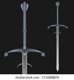 Realistische Vektorillustration aus Metall mit zwei Händen. Europäische Flamberge. Flammenblase alte Klinge, einzelne Waffe auf dunklem Hintergrund.