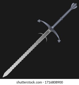 Realistic vector metal two-handed sword. European medieval Flamberge. Flame-bladed ancient blade, isolated weapon on dark background.