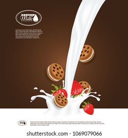Realistic vector milk splash with strawberry and sandwich cookies. Empty milk advertisement or banner template for your design.