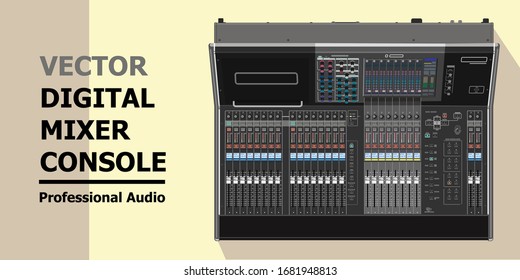 Realistic vector of mixer for live performances, broadcasting, surround sound production, commercial installations. Digital professional console. Equipment for sound engineers. Artists Rider. 