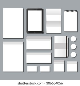 realistic vector mock up branding leaflet package white template cd envelope paper notebook notepad brochure badge business card sketchbook set isolated editable background