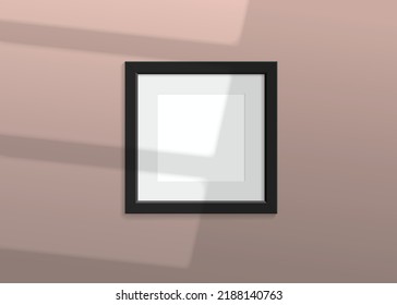 Realistic vector mockup with black photo frame. Shadow on the beige wall and empty place for your design. 3d soft light and overlay shadow from window. Square poster or painting.