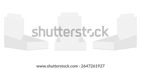 Realistic vector mockup of a blank cardboard display box in three different angles. Empty white packaging tray with backboard for branding, product placement, or retail presentation. Suitable for cosm