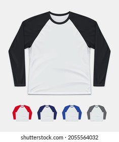 Realistic Vector Mockup of a Classic Raglan Long Sleeved T-Shirt in 5 colors.