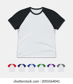 Realistische Vektorgrafik eines klassischen Raglan T-Shirts in 7 Farben.