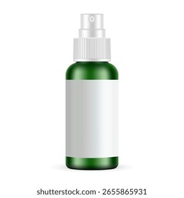 Maquete vetor realista de frasco de spray verde com tampa branca com nervuras e rótulo em branco, isolado no fundo branco. Modelo limpo e profissional para marca, design de embalagem