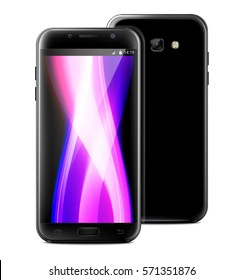 Realistic vector mock-up of new generation smartphone black samsung galaxy A 7 5 3. Layered. Just put your image on content layer. Scale vector image to any resolution. Front screen back side