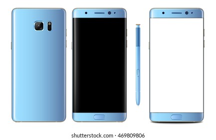 Realistic vector mock-up of new smartphone blue coral samsung galaxy note 7 with stylus s pen. Layered - just put your image on content layer. Scale vector smartphone image to any resolution.