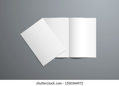 Realistic vector mockup of open and closed bi-fold brochure. White template of the blank catalog for the presentation of the design of the cover and pages. Isolated on background.