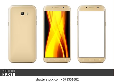 Realistic vector mock-up set of new generation smartphone gold samsung galaxy A 7 5 3. Layered. Just put your image on content layer. Scale vector image to any resolution. Front screen back side