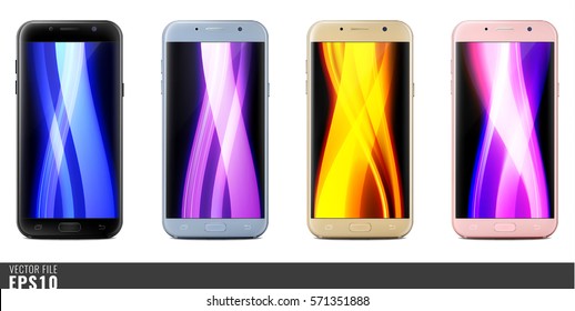 Realistic vector mock-up set of new generation smartphone black, silver, gold, pink samsung galaxy A 7 5 3. Layered. Just put your image on content layer. Scale vector, any resolution. Front back side