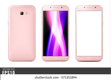 Realistic vector mock-up set of new generation smartphone pink samsung galaxy A 7 5 3. Layered. Just put your image on content layer. Scale vector image to any resolution. Front screen back side