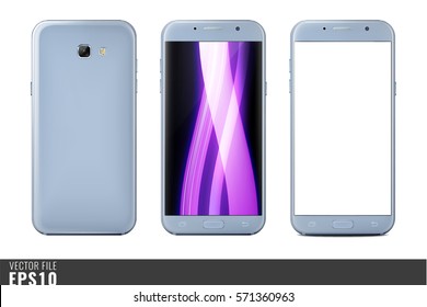 Realistic vector mock-up set of new generation smartphone silver samsung galaxy A 7 5 3. Layered. Just put your image on content layer. Scale vector image to any resolution. Front screen back side