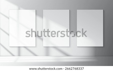 Realistic vector mockup of three white vertical A4 posters with soft shadows of window inside empty minimalistic interior. Print or product presentation template
