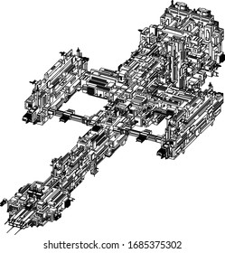 Realistic vector model. Big futuristic alien spaceship isolated on white background. Military spacecraft. Scientific, graphic, axonometric view.