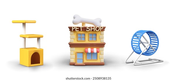 Modelos de Vector realistas para el diseño de tiendas de mascotas. Rueda que corre, edificio con la muestra, casa del gato
