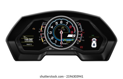 Realistic Vector Modern Super Car Dashboard Speed Control Digital Technology Black On White Background Illustration.