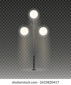 Realistic vector Modern and vintage city street lights row working at night. Urban electrical lightning system. Glowing retro lampposts