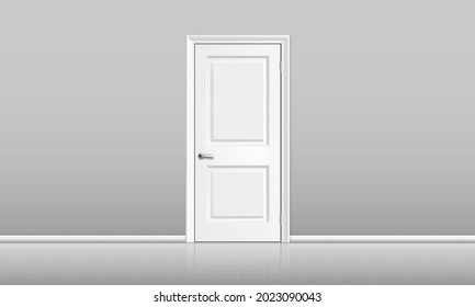 Realistic vector modern white door in a minimalist interior. Front view of white closed door