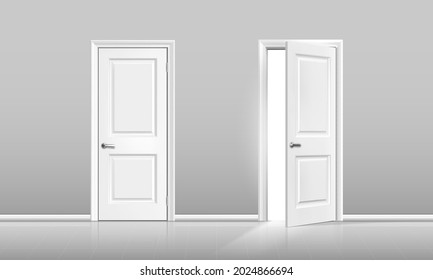 Realistic vector modern white doors in a minimalist interior. Front view of white closed and open door