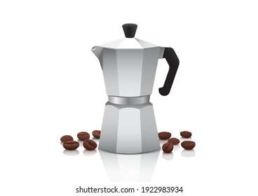 Realistic vector moka pot or coffee maker with roasted coffee beans on white background, isolated vector illustration